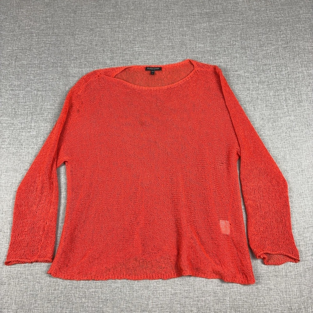 Eileen Fisher Sweater Womens PL Orange Linen Scoop Neck Open-Knit Lightweight